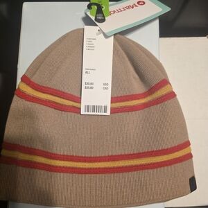 Marmot Tan Beanie with Red and Yellow Stripes